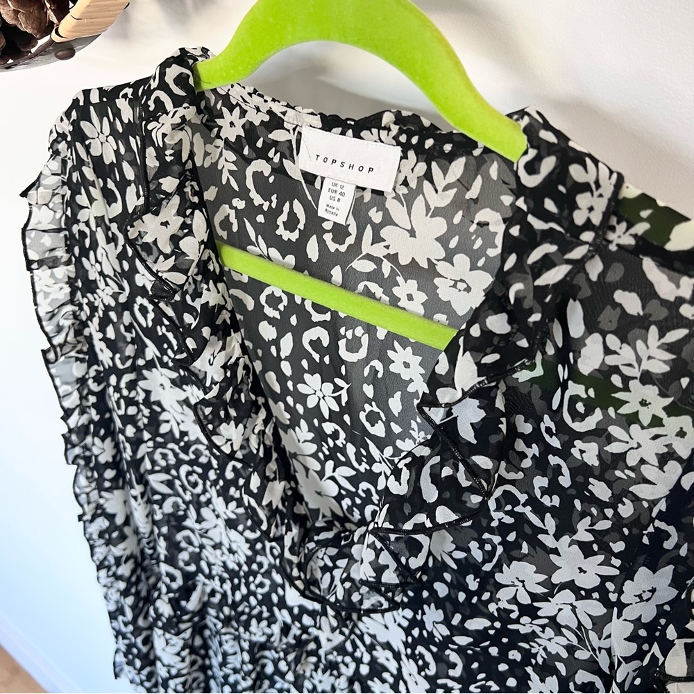 Topshop Black and White Floral Sheer Blouse with Ruffles Size M